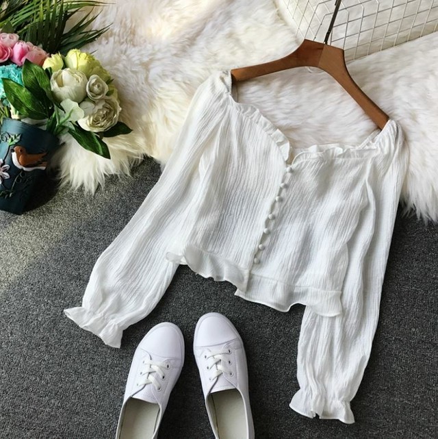 カーディガン シフォン ショート丈カーディガン スクエアカラー フロントボタン 長袖 パフスリーブ スリムフィット フリル レディース トップス Lalas