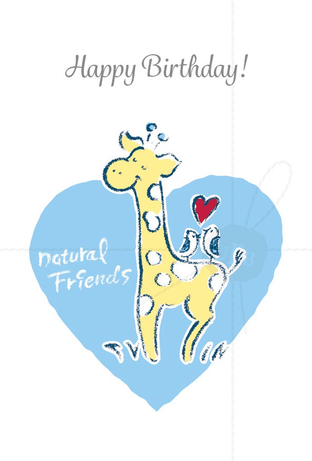 キリンと小鳥のお誕生日カード ブルー お祝い グリーティング メッセージカード 印刷用素材 ダウンロードデータ Graphic Femaile