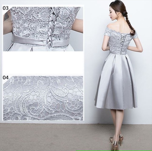 国内即納 即日配送 パーティードレス シルバー 刺繍 リボン ミモレ丈 半袖 ワンピース ミディアム ワンピ フォーマル ミニドレス カラードレス セレモニー セクシー 代 30代 イブニング お呼ばれ ナイト 結婚式 ゲストドレス Aライン Laドレス タイト レディース D247