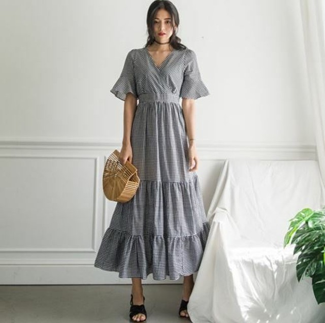 即納 ロングワンピース ロングワンピ レディース Vネック 半袖 ワンピース ワンピ カシュクール ロング丈 マキシ丈 ギンガムチェック 秋冬新作 秋 秋色 秋服 秋sale ロングワンピース ロング Leaflower 001 リーフラワー レディースファッション専門店