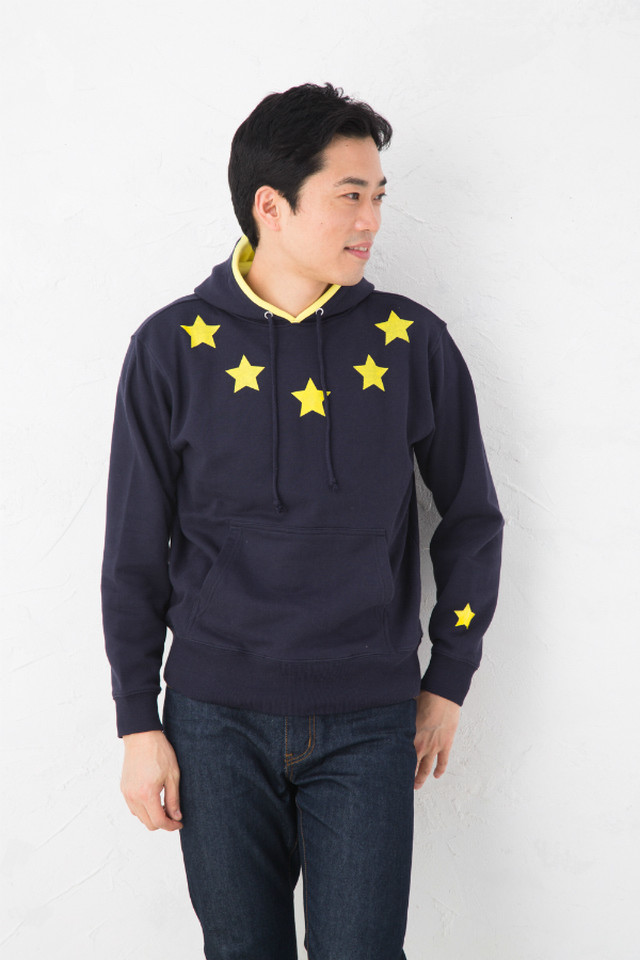 パーカー メンズ レディース ペアルック カップル バイカラー プルオーバー パーカー 長袖 星柄 プリント アメカジ 10 0 オンス 裏毛 配色 5スター ネイビー イエロー Tシャツ通販のgracious Ground
