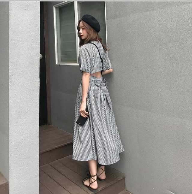 即納 フェミニン 背中あき ギンガムチェック ワンピース Fashion
