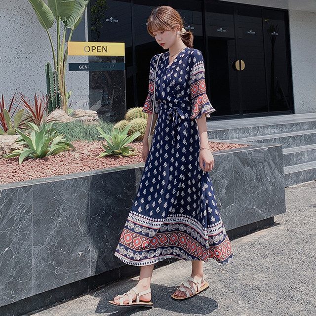 エスニック カシュクールワンピース シフォンワンピース マキシ丈 Vネック ベルスリーブ 七分袖 可愛い キレイめ お出かけ リゾート 海 春 夏 Crystalhk