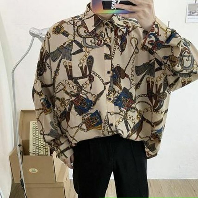 メンズ シャツ 韓国 長袖 総柄 プリントシャツ 人気 送料無料 Jb 1