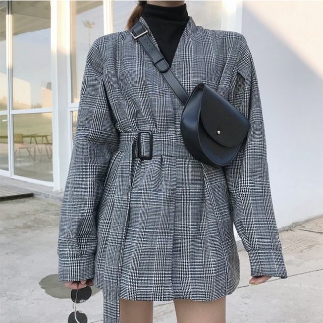 ジャケットスーツ レディース 秋冬 ジャケット レディース アウター 冬レディース グレインチェック柄 ウエストベルト ノーカラー ジャケット きれいめ K0872 Shopmall To You