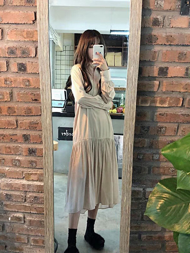 春新商品 ゆるっと楽ちんワンピース ベスト ベージュ ワンピース レディース シフォン ミモレ丈 ロング スカート ロング丈下スカート ベスト 無地 ワンピ 長袖 フレア エレガント キュート 大人可愛い 韓国ファッション 春 秋 代 30代 40代 送料無料 韓国レディース