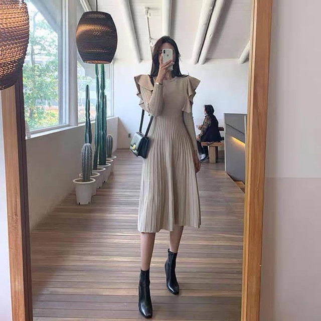 フリルショルダー リブニットワンピース 背中リボン 全2色 Liliana