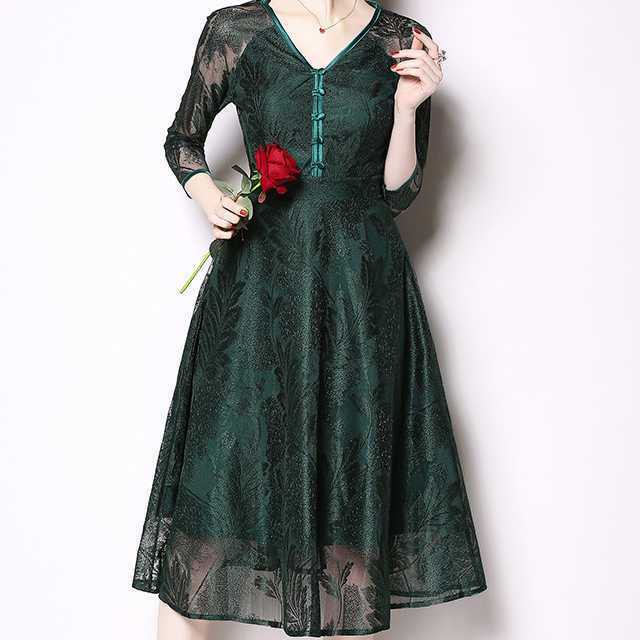 送料無料 パーティードレス ドレス ワンピース フォーマル 結婚式 お呼ばれ 披露宴 2次会 Vネック 七分袖 レース 透け感 チャイナボタン ひざ下丈 ミモレ丈 ハイウエスト 大きいサイズ オリエンタル Ingenuity