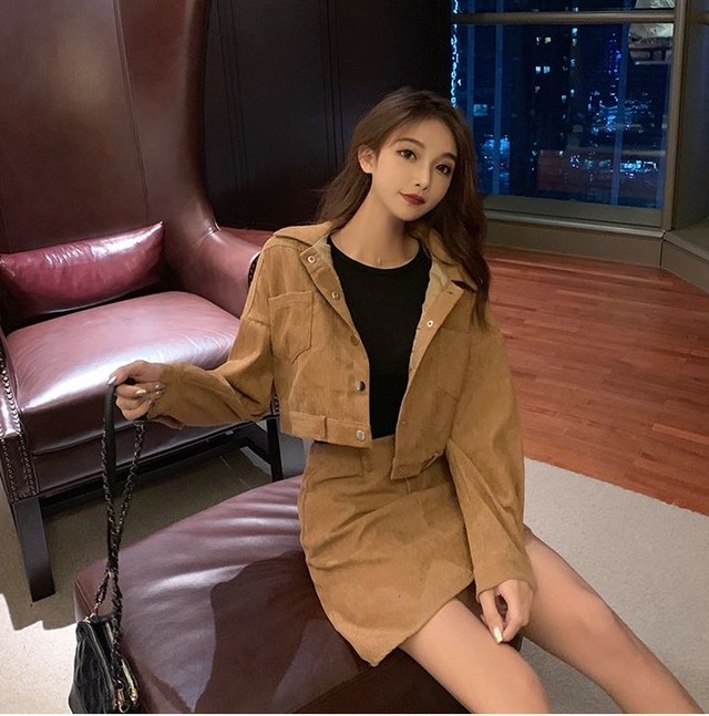 セットアップ レディース コーデュロイ スカート ジャケット 韓国 ファッション レディース 春服 冬服 ショートジャケット ミニスカート 上下セット くすみピンク ベージュ 可愛い 韓国 セットアップ Vestito