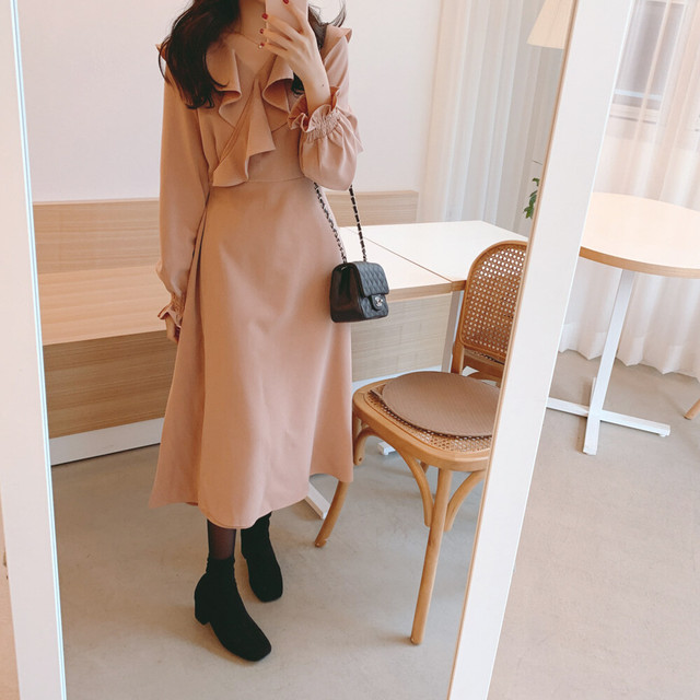 フリルデザインワンピース 無地 ひざ丈 上品 きれいめ お呼ばれ ワンピース フリル ワンピ 長袖 大人 デート お出かけ 旅行 女子会 韓国 韓国ファッション オルチャン 可愛い レディース Fa362 Musubi Me 韓国 オルチャン レディースファッションのお店