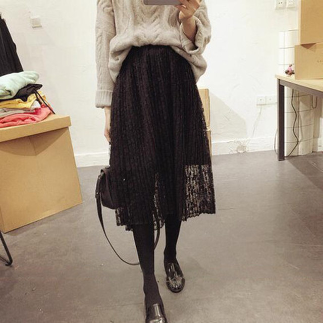 ひざ丈 スカート レーススカート フレアーデザイン 黒 フリーサイズ Helio