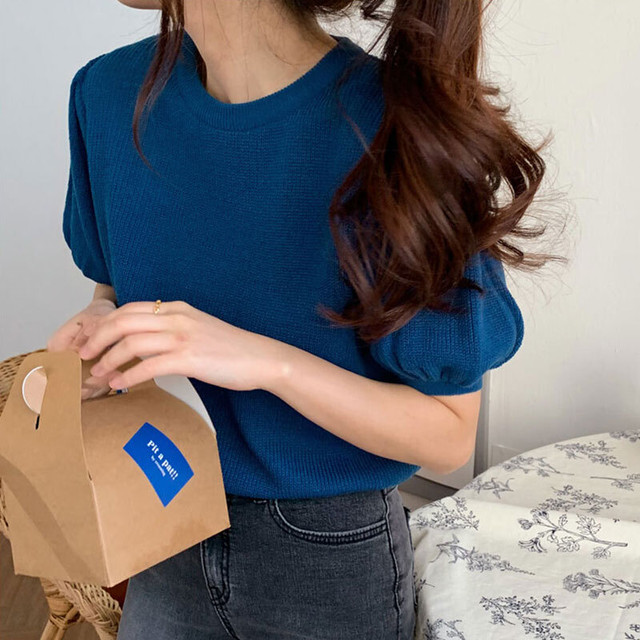 夏のカジュアルコーデ 半袖 トップス ニット レディース シンプル 無地 夏 パフスリーブ 着回し デート デイリー お出かけ 通勤 Ptnym3128 Shop Suba