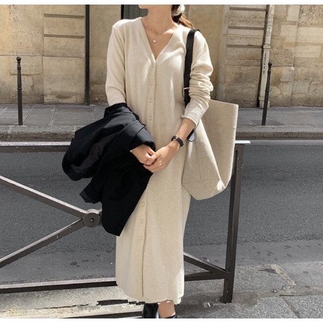 ワンピース レディースワンピース レディース カーディガン ロングカーディガン 長袖 Vネック ボタン 体型カバー ストレート Iライン 冬 ワンピース レディースワンピース レディース Leaflower 001 リーフラワー レディースファッション専門店