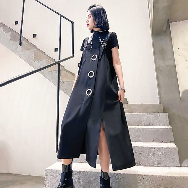 Top Mode サスペンダーワンピース ワンピース サスペンダー ロング丈 変形デザイン スリット センス レトロ シンプル シック ニッチ レディース 個性的 おしゃれ 大人女子 トレンド クール モダン カジュアル ストリート モード系 ロック Rock 黒 ブラック Lon414 Top Mode