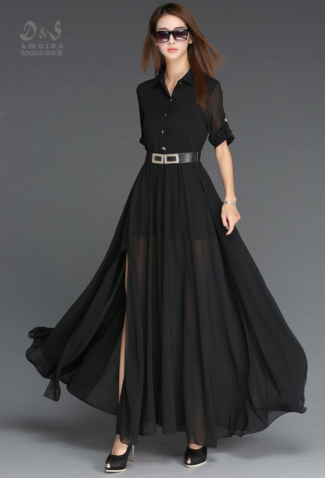 シフォンワンピース マキシ丈 ロングワンピース 襟付き 七分袖 半袖 前ボタン フレア 透け感 スリット入り セクシー 春夏 デート お出かけ 女子会 白 黒 大人キレイ A116 サニーサイド