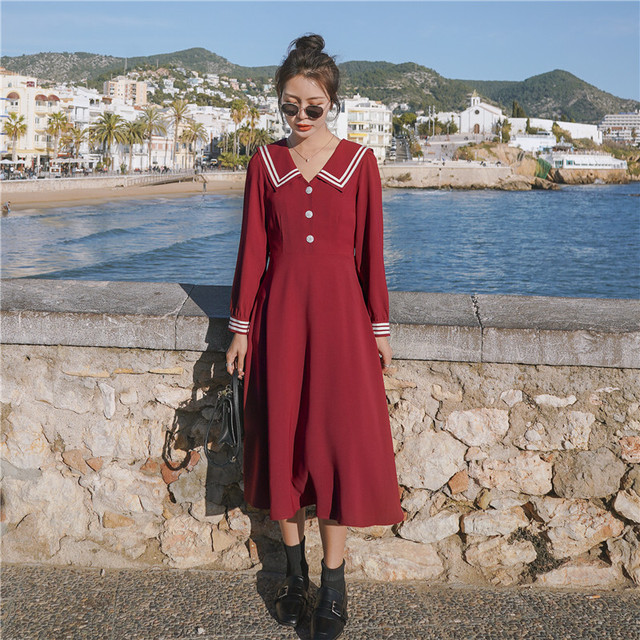 レトロ クラシック ワンピース ドレス ラインデザイン 3つボタン ａライン 学生 長袖 Earth Sunrise