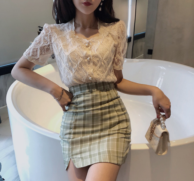 レーストップス タンクトップ 半袖 グリーンチェックスカート 別売り Amarelo