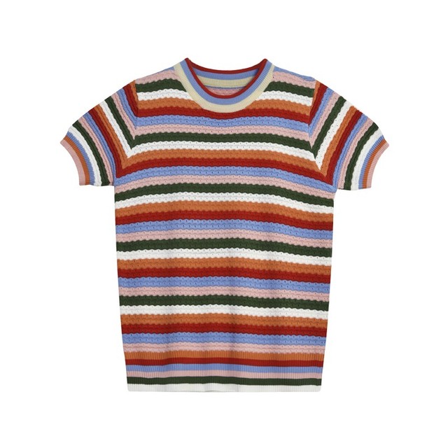 トップス 春夏 サマーニット ボーダー カットソー 半袖 レディース カラフル プルオーバー レディース 韓国ファッション 直輸入通販 セクシーワンピース クールカジュアル 全品送料無料 Ukky Franky