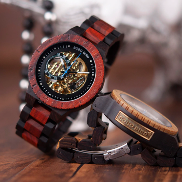 Bobo Bird スケルトン 木製腕時計 機械式 自動巻き ツートンバンド ルミナスハンズ メンズ ボボバード 海外高級ブランド R05 選べる2色 Happy Hobby あなたのベストが見つかるお店