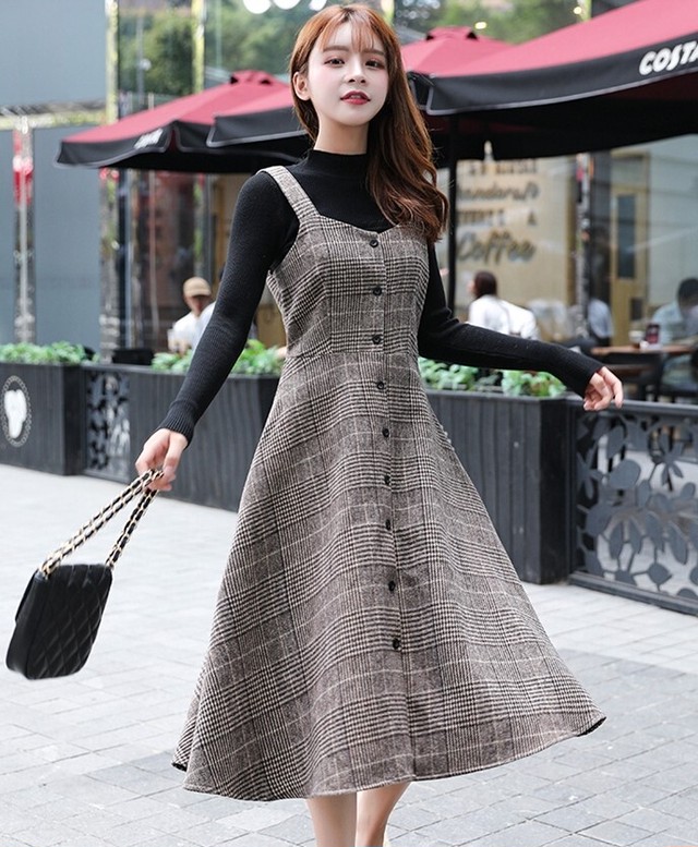 ワンピース キャミワンピース ジャンパースカート レディース 秋冬 チェック 格子柄 ひざ丈 レトロ ガーリー Ab1819 Valentina210