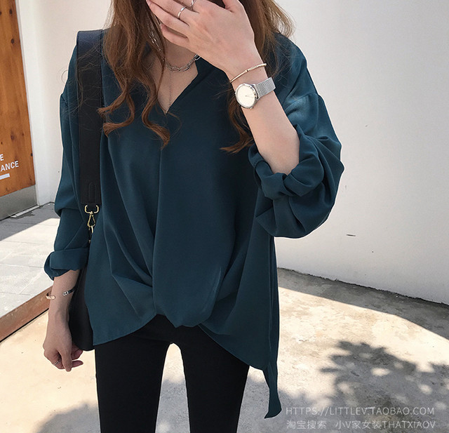 Vネック 長袖 シフォン シャツ ブラウス 大きいサイズ トップス レディース 無地 ゆったり ラフコーデ 体型カバー ホワイト ブルー グリーン 春秋 1170 Sayurio レディースアパレル ファッション プチプラ アラサー アラフォー