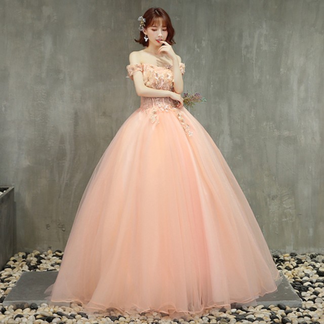 カラードレス 薄ピンク ソフトチュール オフショル プリンセスライン シアーな美しさ ロング イブニングドレス Ynswedding23