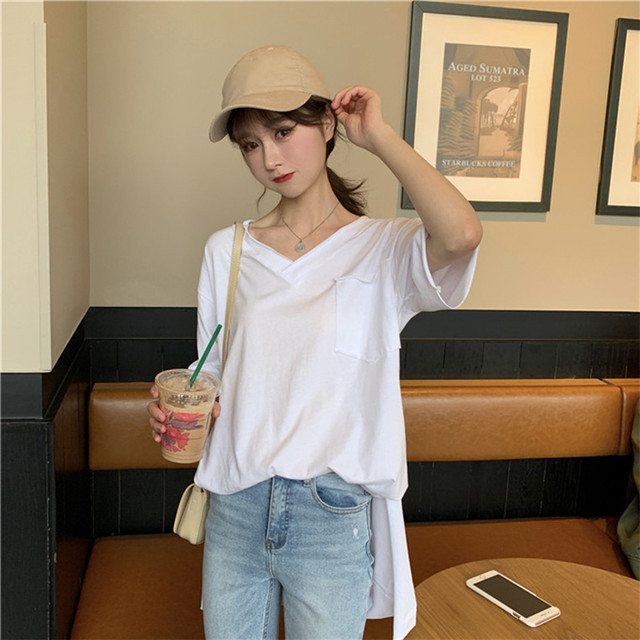 全3色 Bf風胸ポケットtシャツ ゆったり サイドスリット オーバーサイズ カジュアル シンプル リラックス ラフ Vネック 春夏 お出かけ デート 女子会 デイリー 五分袖 ベーシック 無地 Arroser