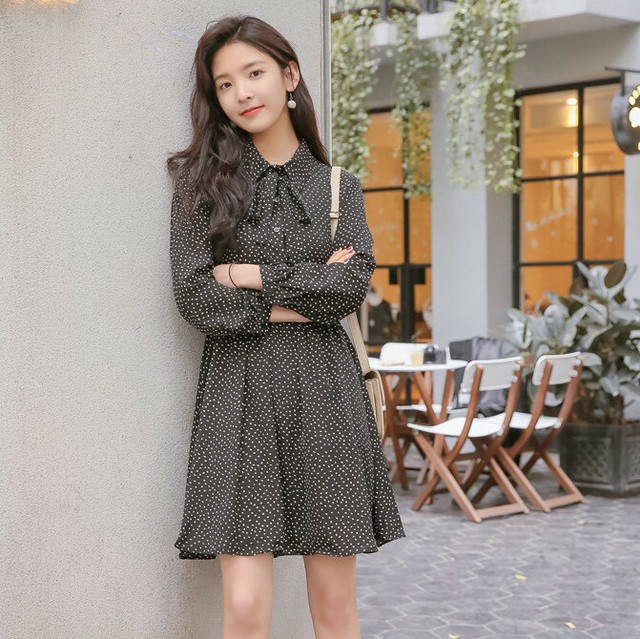 ドットワンピース シフォン素材 総柄 ネックリボン ブラック ホワイト ナチュラル シャツワンピース 無地 Bau Bau Select