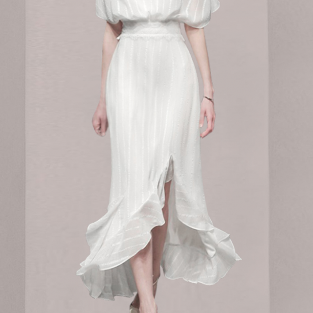 白ワンピース パフスリーブ ワンピース レディース サマーワンピ ホワイト 夏服 ウエストマーク 半袖 マーメード マキシ 上品 きれいめ Rx0522 Raxia ラクシア