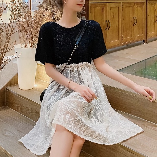 マタニティワンピース ドッキングワンピ レース 半袖 可愛い California Express