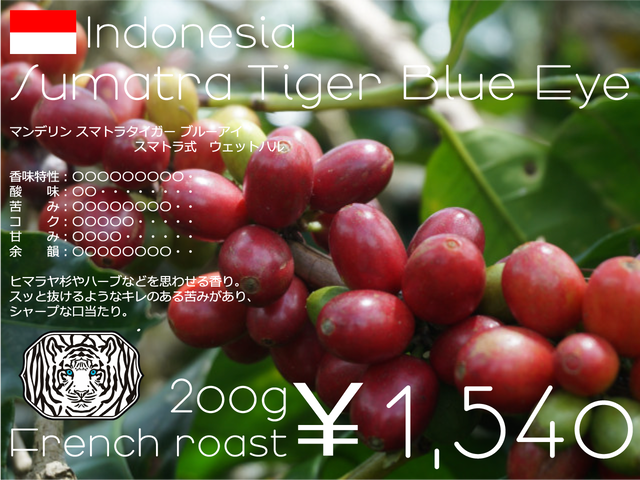 インドネシア マンデリン スマトラタイガー ブルーアイ 18+ - French Roast -(200g)
