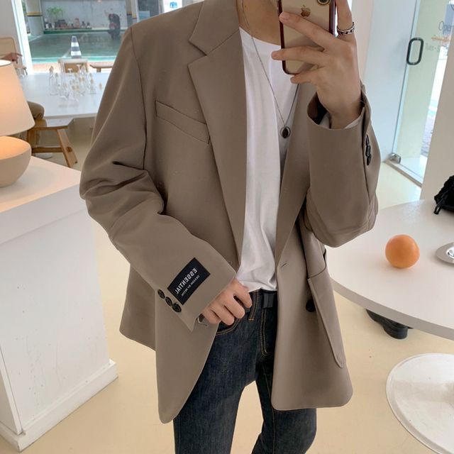 予約販売 テーラードジャケット メンズ 袖ロゴ オーバーサイズ ベージュ ブラック ベージュ カジュアル シック こなれ感 お洒落 韓国 トレンド 春 M L Xl 2xl Favoriteselect