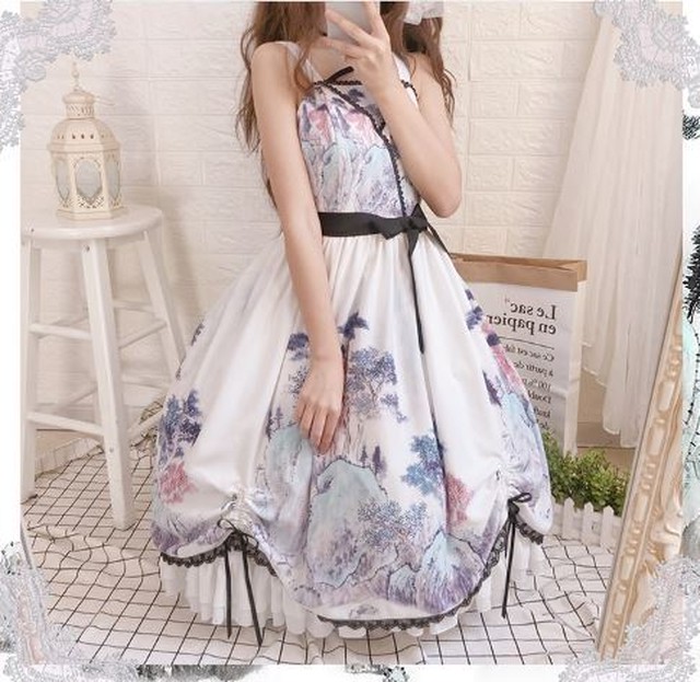 ロリータワンピース ロリータドレス ロリータファッション ゴスロリファッション ゴスロリ 華ロリ 中華ロリ リボン フリル ジャンパースカート のみ 小花柄 花柄 お花 中国風 チャイナ 膝丈 ひざ丈 ミディアム ノースリーブ かわいい ゆめかわ ゆるふわ ラブリー メルヘン
