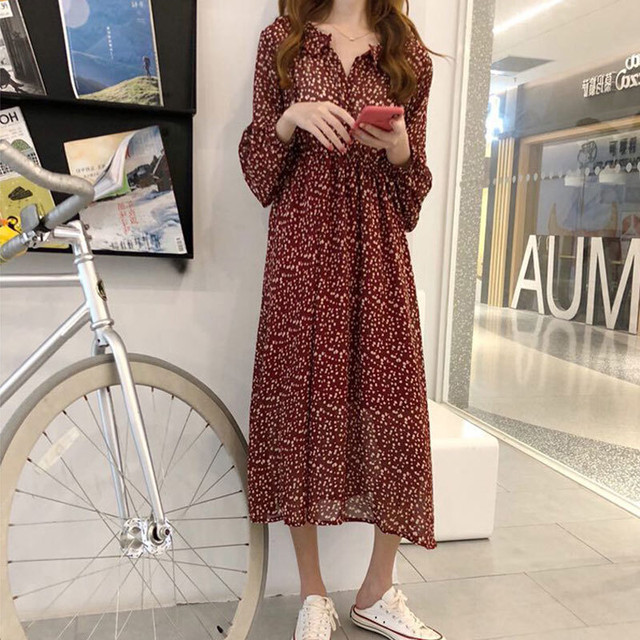 レディース ワンピース ロング ワンピース ドレス 長袖 パフスリーブ バブルスリーブ ｖネック 小花柄 総柄 ロング丈 ゆったりウエスト ａライン スカート シフォン ワンピース 春秋 シンプル カジュアル おしゃれ 大人可愛い レトロ お出かけ デート 女子会 通勤 通学