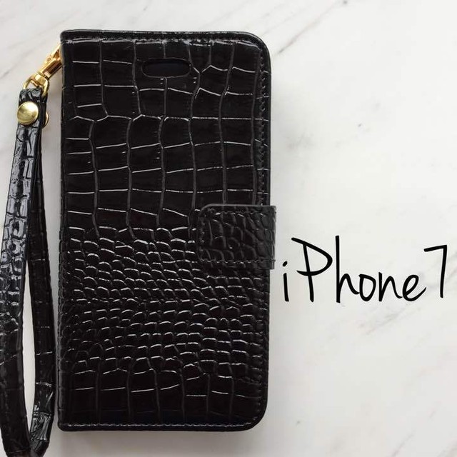 Iphone７ アイフォン7 アイホン7 手帳型ケース クロコ レザーケース 黒 ブラック Marie2222