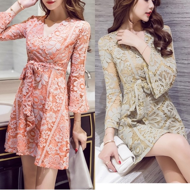 ワンピース ショート 七分袖 Vネック フレア ワンピース 秋冬 韓国レディース キッズファッション Londonbridge ロンドンブリッジ