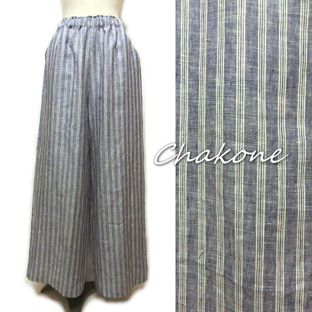 パンツ ゆったりワイドなガウチョ パンツ ロングパンツ L リネン ストライプ ハンドメイド工房 Chakone 手作り婦人服ファッション
