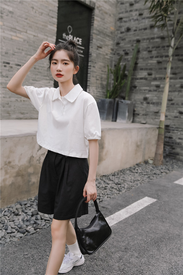 ポロシャツ レディース 半袖 ビッグスリーブ 大きなアームホール ショート丈 韓国 おしゃれ かわいい Cospa Fashion