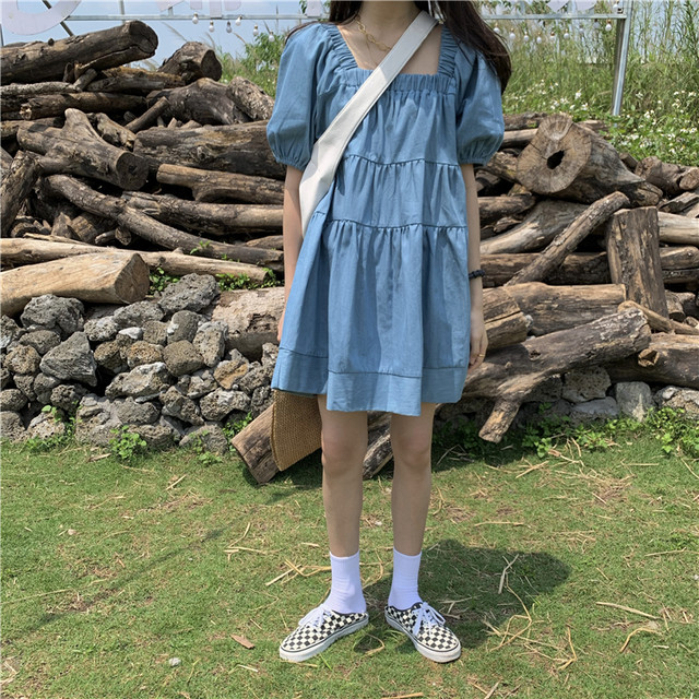 デニムワンピース 半袖 デニム ワンピース ゆったり 体型カバー ガーリー ママコーデ デート お出かけ Mh1854 Valentina210