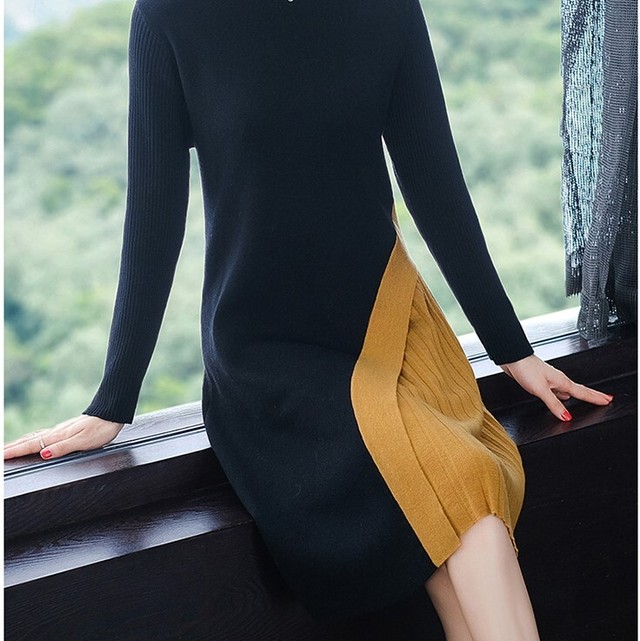 ワンピース ウール ニット ひざ丈 ラウンドネック 長袖 無地 Aライン サイドプリーツ アシンメトリー 大人可愛い きれいめ エレガント 秋冬 お出かけ デート オフィス 通勤 女子会 バイカラー ツートン Prism One プリズム ワン