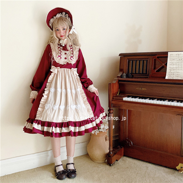 Lolita Op Dress ロリータドレス ロリワンピース ロリィタ 日常用 お茶会 撮影 Cosplay イベント 春夏秋 ロリ 長袖 ブラック ワインレッド コスプレ Mintcat