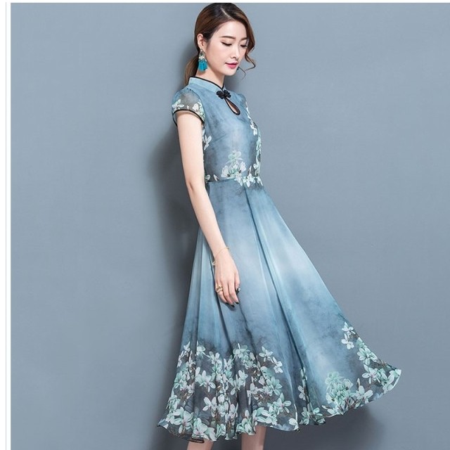 レディース ワンピース 春夏 チャイナドレス ワンピース マキシ レディース 半袖 チャイナ風 ロング ワンピ ロングワンピース 春夏 夏 花 Basecamp49
