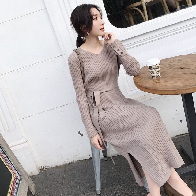 レディース ワンピース ニットワンピース ロング丈 Vネック 長袖 無地