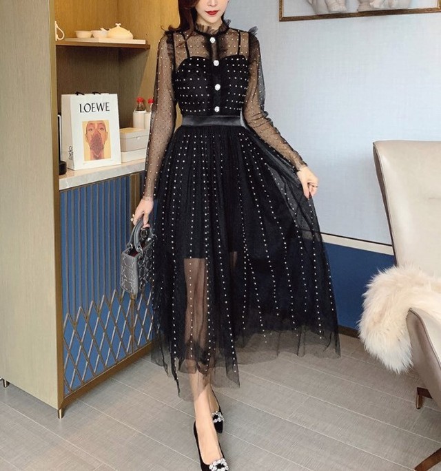 速達メール便 レディース ワンピース 秋冬 長袖 シースルードットドッキングワンピース シースルー シアー ウエストマーク ドット エレガント 上品 在庫処分大特価 Www Iacymperu Org