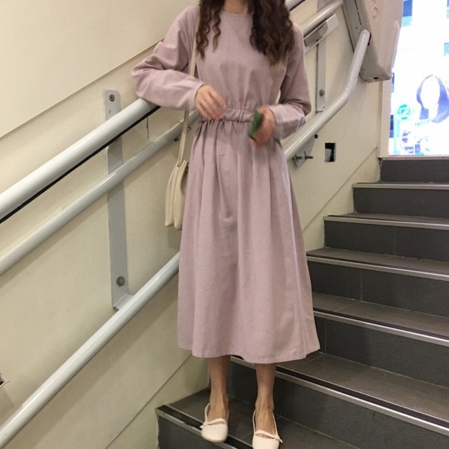コットンワンピース ハイウエスト くすみカラー ラウンドネック フレアワンピース ロングワンピース ロング丈 マキシ丈 ミモレ丈 ミモレワンピース マキシワンピース 春ワンピ 春ワンピース シンプル ナチュラル カジュアル ガーリー フェミニン 韓国 オルチャン 韓国