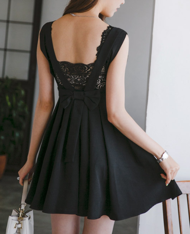 背中開き バックリボン ワンピース ミニ丈 Aライン Vネック ノースリーブ 無地 通勤 Rs 1381 Wago