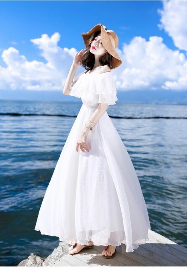 ワンピース シフォンロング丈 パイルスリーブ オフショルダー 半袖 無地 Aライン 体型カバー 透け感 白 ワンピース 夏 Seaside Hanano