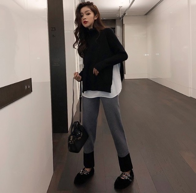 タートルネック セーター シャツ レディース 重ね着風 ブラック ホワイト カジュアル おしゃれ 可愛い トレンドデザイン トップス Dailymode11