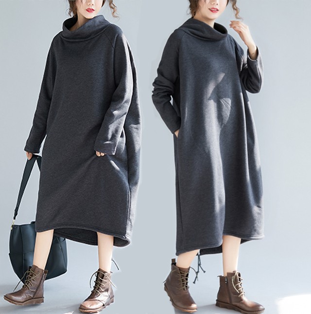 ワンピース 大きめ スウェット 無地 ハイネック 長袖 ロングスカート ロング丈 カジュアル コーデ 秋 冬 Y0216 Happinessshop ハピネスショップ レディース ファッション アイテム トレンド