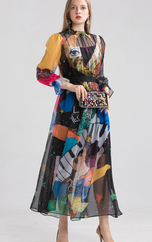 Top Mode ワンピース シフォン 透け感 カラフル ブラック 黒 個性的 Sweet ヴィジュアル系 ライブ 舞台 ゴシック ステージ 衣装 体型カバー 個性派 春物 カジュアル 普段使い ふんわり 春 秋 Lon247 Top Mode